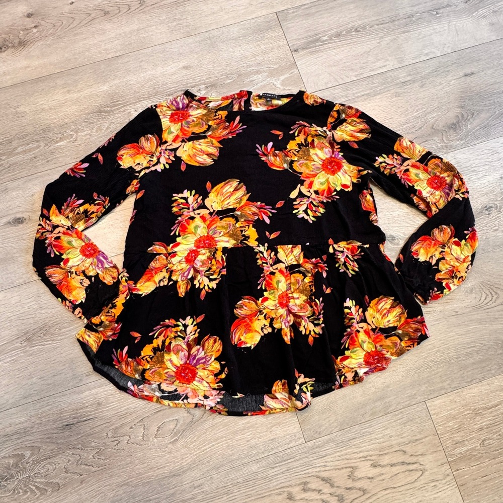 Staccato Floral Print Peplum Top Long Sleeve‎ Blouse Flowy Black Size Small S